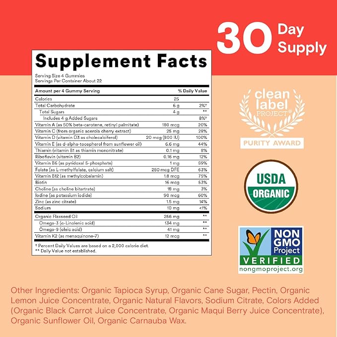 SmartyPants Organic Kids Multivitamin Gummies: Omega 3 (ALA), Vitamin D3, C, Vitamin B12, B6, Vitamin A, K & Zinc for Immune Support, Vegetarian, Three Fruit Flavors, 120 Count (30 Day Supply)