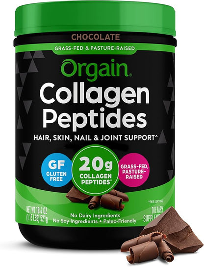 Orgain Hydrolyzed Collagen Peptides Powder For Women & Men, Chocolate, 20g Grass Fed Collagen - Hair, Skin, Nail, & Joint Support Supplement, Paleo & Keto, Non-GMO, Type I and III, 1lb
