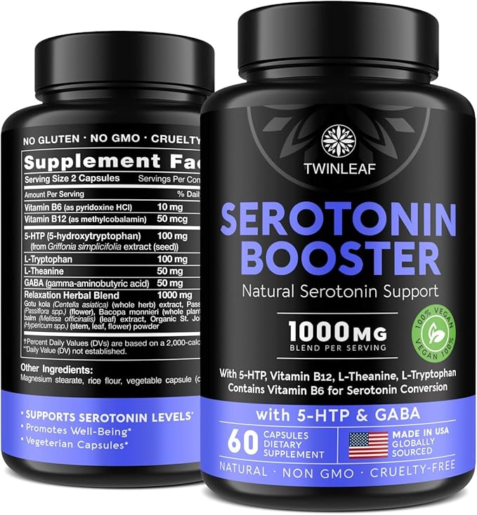 Natural Serotonin Supplement - Made in USA 5HTP Serotonin & Cortisol Manager - Serotonin Booster Vitamin Supplement for Women with 5-HTP, Vitamin B6, B12, GABA, L Theanine, L Tryptophan - 60 capsules