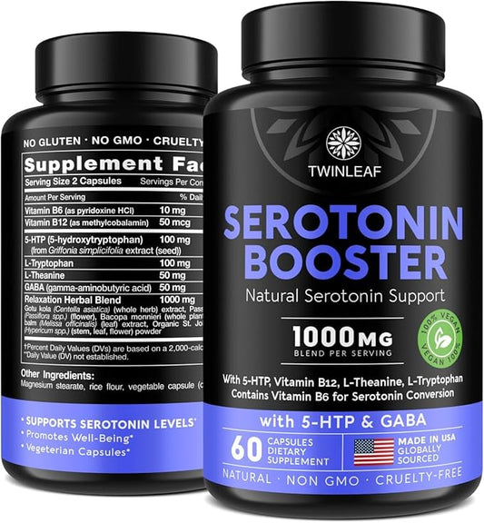 Natural Serotonin Supplement - Made in USA 5HTP Serotonin & Cortisol Manager - Serotonin Booster Vitamin Supplement for Women with 5-HTP, Vitamin B6, B12, GABA, L Theanine, L Tryptophan - 60 capsules