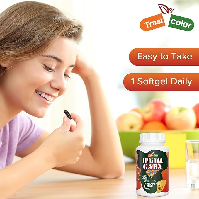 Liposomal GABA with L-Theanine Supplements 1200mg - High Absorption GABA Complex with Ashwagandha, Chamomile, Tart Cherry Herbal Supplements for Men and Women, 120 Softgels