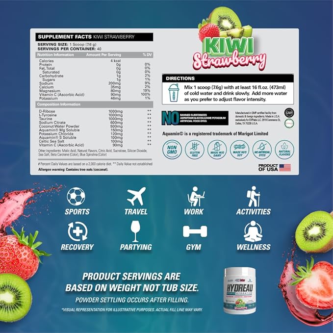 EHP Labs Hydreau Electrolytes Powder No Sugar - Hydration Powder for Endurance & Energy - Electrolyte Powder for Men & Women - Sugar Free Electrolytes - Kiwi Strawberry (40 Serves)