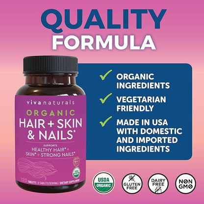 Hair Skin and Nails Vitamins for Women - Vegetarian-Friendly Organic Biotin Vitamins for Hair Skin Nails Health Support with Vitamin E & Biotin 5000 mcg to Help Produce Keratin -120 Biotin Supplement