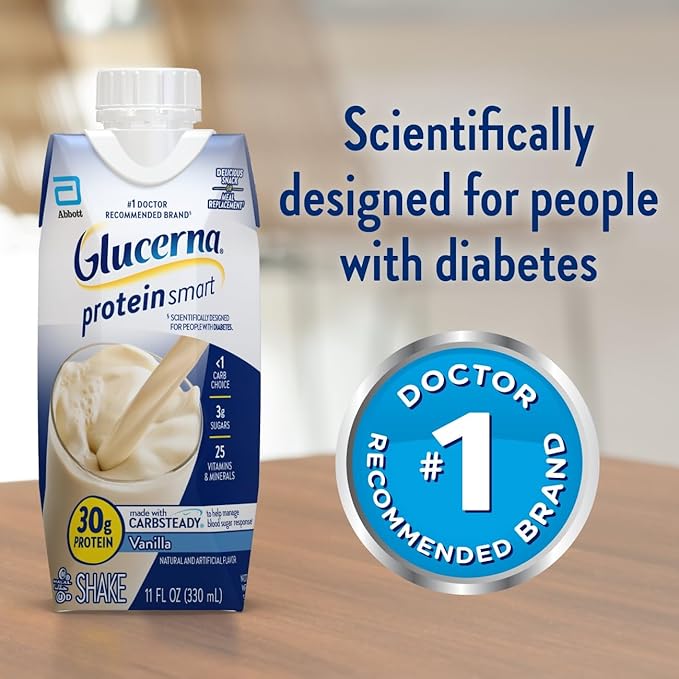 Glucerna Protein Smart Shake, Diabetic Drink to Support Blood Sugar Management, 30g Protein, 150 Calories, Vanilla, 11-fl-oz Bottle, 12 Count