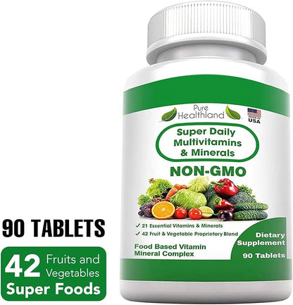 NON GMO Super Daily Multivitamin Supplement Tablets Best For Adult Men Women Seniors With 42 Natural Fruits Vegetables Blend, 21 Essential Vitamins Minerals. 90 Tablets. Vegan Coating Made in USA