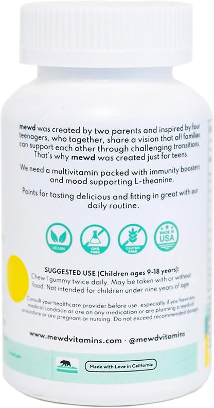MEWD Teen/Kids Daily Multivitamin Gummy with Natural Mood Enhancer,Vegan,Immune System Booster Supplement,Kids Vitamin with Iron,Zinc,Gluten Free-Focus Vitamin for Kids-Brain Health-Made in USA