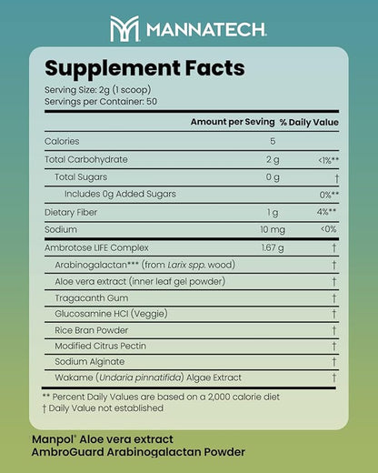 Immune Support Supplement, Mannatech Ambrotose Life (Powder) 100g, Supports Cell-to-Cell Communication and a Healthy Immune Defense, with Manapol Powder Pure 100% Natural Aloe Vera Supplement