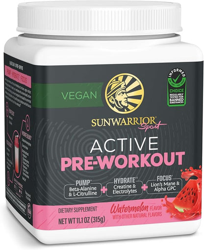 Pre Workout Powder Energy Drink Supplement | Clean Vegan Plant-Based Pre-Workout Supplement | Pump, Hydrate, Focus, Endurance & Strength Builder | Watermelon Flavored | 30 Servings | Active Preworkout