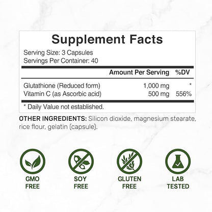 Glutathione Supplement 1,000mg Per Serving, 98% Purity | Plus Vitamin C 500mg, Active Reduced Form (GSH) | Intracellular Antioxidant – Supports Detoxification & Immune Health