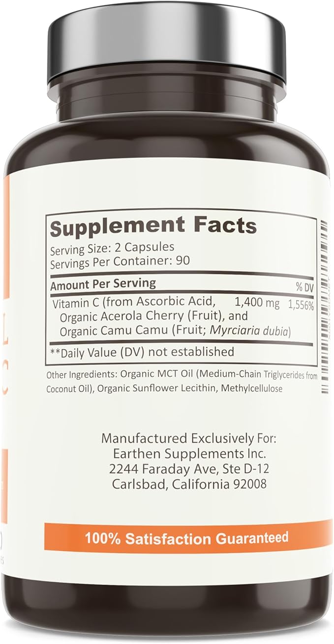 EARTHEN supplements Liposomal Vitamin C | Made with Organic Ingredients | 1400MG Per Serving | 180 Capsule - 90 Serving | Non GMO | Fat Soluble - High Absorption Antioxidant