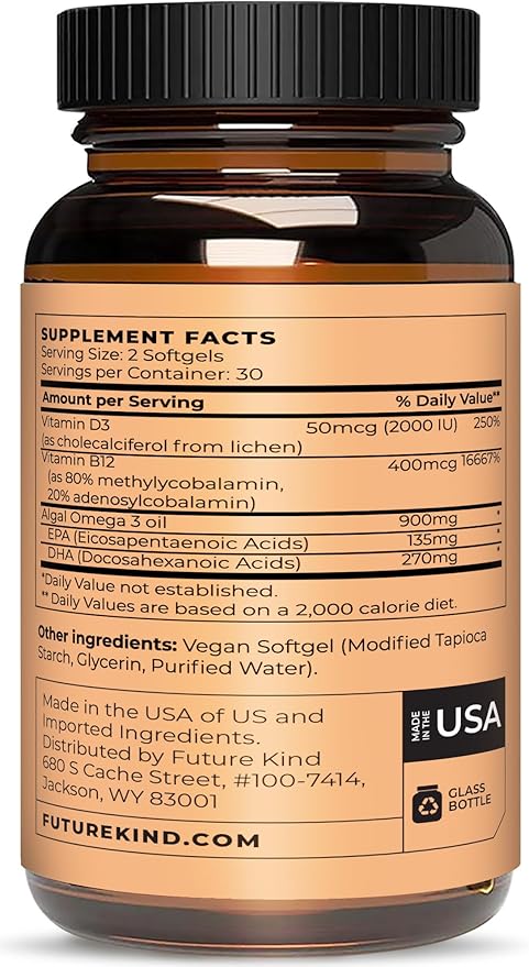 Future Kind Vegan Multivitamins - Glass Bottle & Made for Vegans w/Omega 3 DHA+EPA, Vitamin B12 & D3 - Vegan Vitamin for Energy, Focus, & Mood - Vegan Vitamins for Women & Men, 60 Tiny Softgels