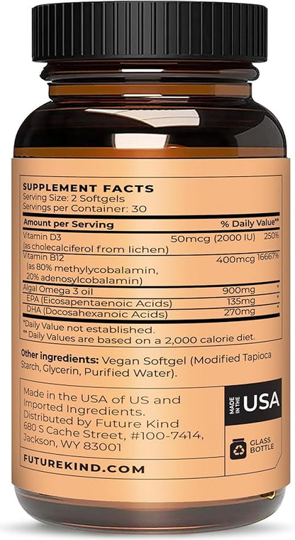 Future Kind Vegan Multivitamins - Glass Bottle & Made for Vegans w/Omega 3 DHA+EPA, Vitamin B12 & D3 - Vegan Vitamin for Energy, Focus, & Mood - Vegan Vitamins for Women & Men, 60 Tiny Softgels