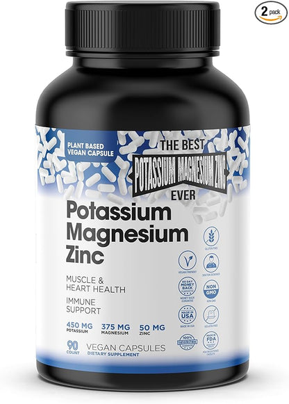 Magnesium Potassium Supplements w/Zinc - 90 Capsules (Pack of 2 Bottles)