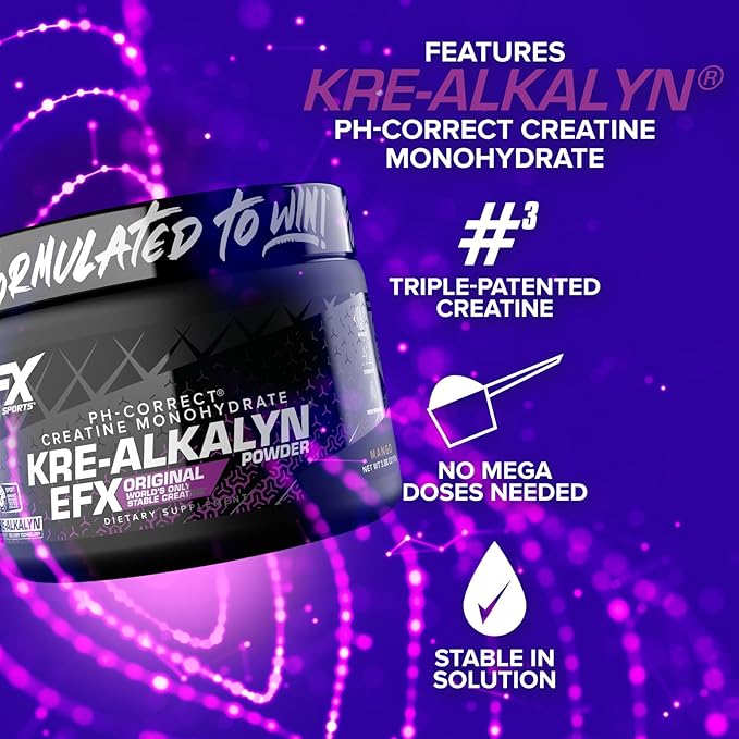 EFX Sports Kre-Alkalyn EFX Powder | pH Correct Creatine Monohydrate Powder Supplement | Strength, Muscle Growth & Performance | 55 Servings (Mango)