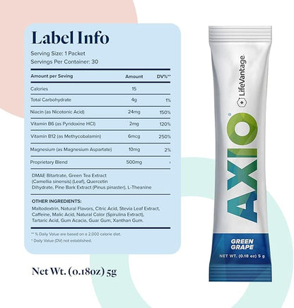 AXIO Regular Energy Drink Powder, Green Grape, 30 Drink Mix Packets, Instant Energy Powder, Energy Supplement in a Drink Mix, w/B Vitamins, DMAE, L-Theanine, Quercetin, Green Tea & Pine Bark Extract