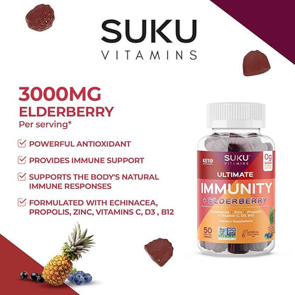 Ultimate Immunity - Elderberry Echinacea and Propolis Gummies for Immune Support, Easy to Chew - Non GMO, Gluten Sugar Free - Pomegranate Lime Flavored Gummy Vitamins, 50 Count