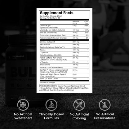 Transparent Labs Bulk Black Pre Workout - Clinically Dosed, Naturally Sweetened Preworkout for Men and Women with Beta Alanine Powder, Citrulline Malate, & Caffeine Powder- 30 Servings, Blue Raspberry