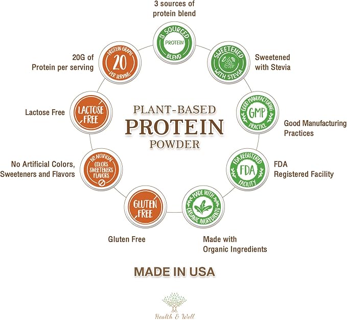 Health & Well Plant-Based Protein Powder, Contains Three Vegan proteins and Eight Different Super Fruits (Chocolate)
