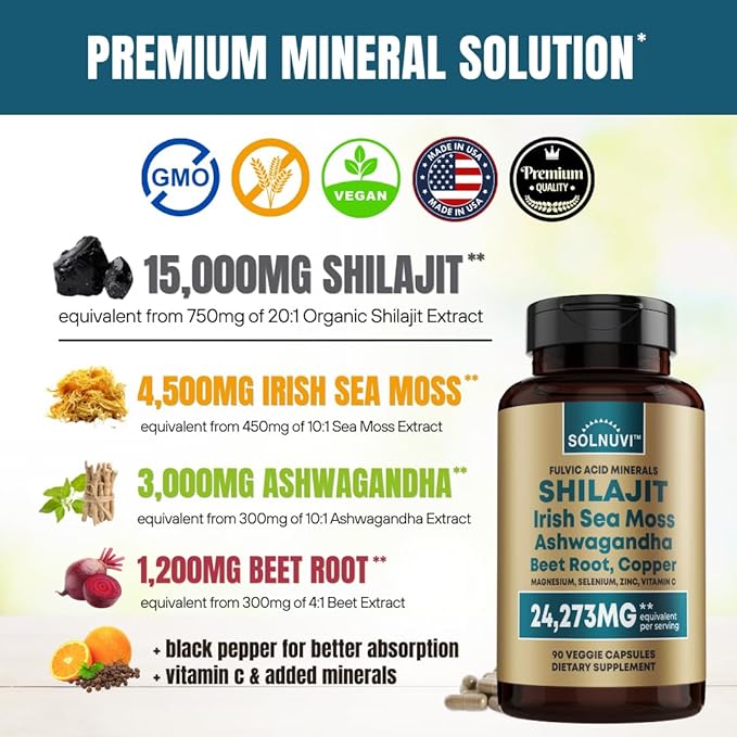 Shilajit Pure Himalayan Organic Capsules 15000mg with Irish Sea Moss, Ashwagandha, Copper, Beet Root - Fulvic Acid Trace Minerals Supplement for Men & Women - 90 Count, Non-GMO, Gluten-Free