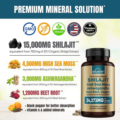 Shilajit Pure Himalayan Organic Capsules 15000mg with Irish Sea Moss, Ashwagandha, Copper, Beet Root - Fulvic Acid Trace Minerals Supplement for Men & Women - 90 Count, Non-GMO, Gluten-Free