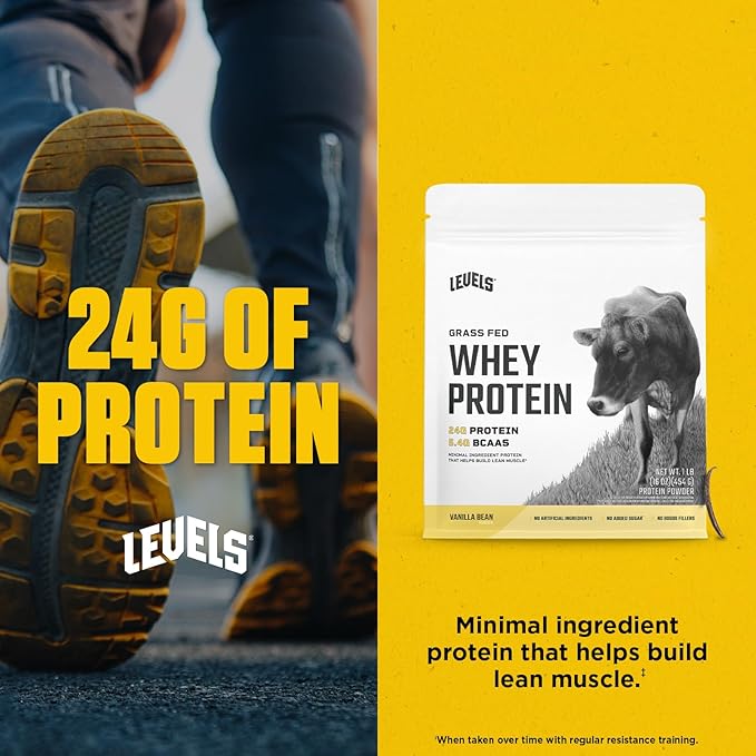 Levels Grass Fed Whey Protein Powder, No Artificials, 24G of Protein, Vanilla Bean, 1LB