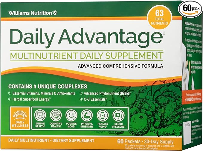 Dr. David Williams' Daily Advantage Multi-Nutrient Vitamin Supplement for Immune, Cardio and Cognitive Health, and Total Body Wellness, 60 Packets