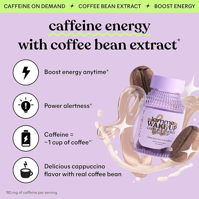 Lemme Wake Up Caffeine Energy Gummies, 80mg of Caffeine Per Serving, Coffee Bean Extract, Cappuccino Flavor, Vegan & Gluten Free, 1 Month Supply (60 ct)