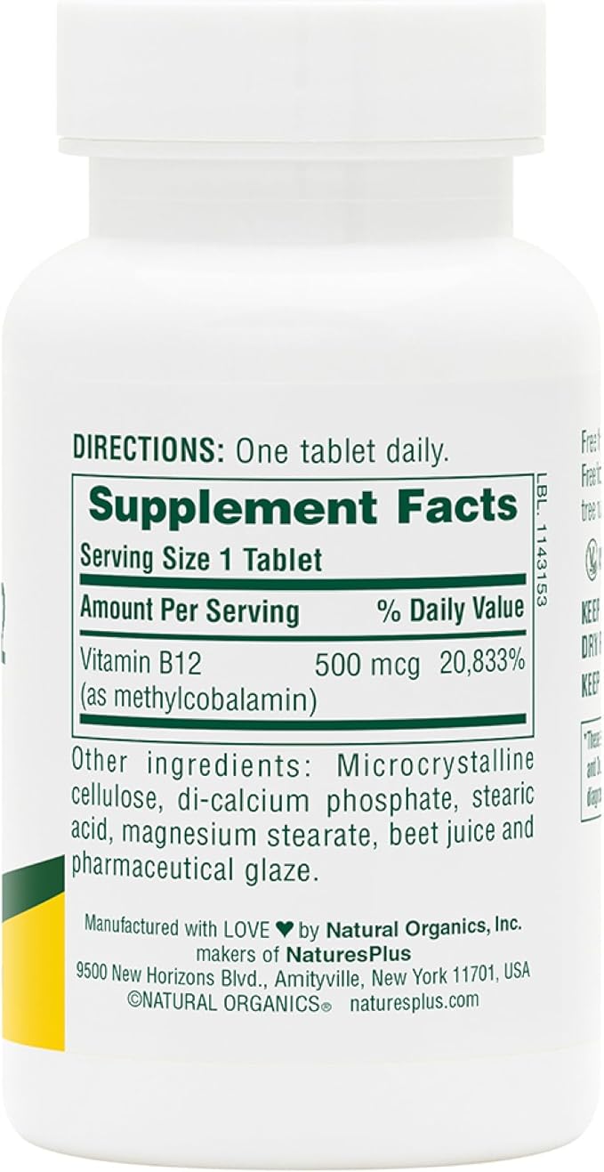 Natures Plus Vitamin B12 (Methylcobalamin) - 500 mcg, 90 Vegetarian Tablets -High Potency Red Blood Cell Support - Natural Energy Booster, Promotes Overall Health - Gluten-Free - 90 Servings