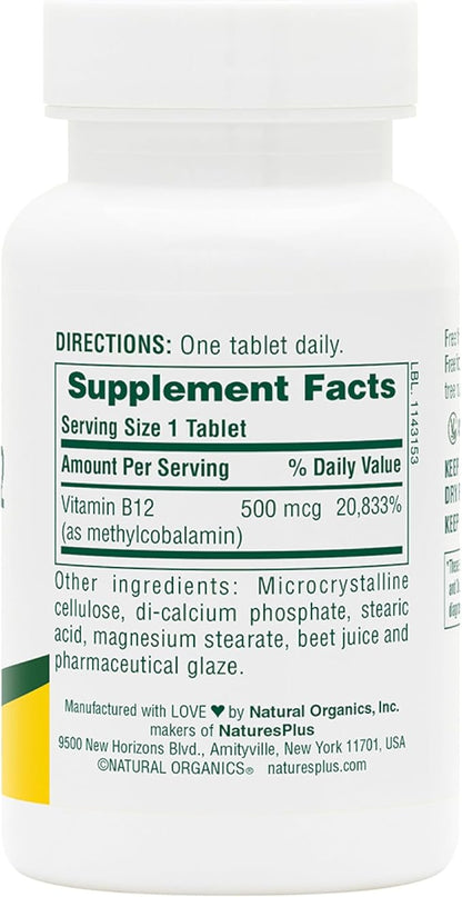 Natures Plus Vitamin B12 (Methylcobalamin) - 500 mcg, 90 Vegetarian Tablets -High Potency Red Blood Cell Support - Natural Energy Booster, Promotes Overall Health - Gluten-Free - 90 Servings