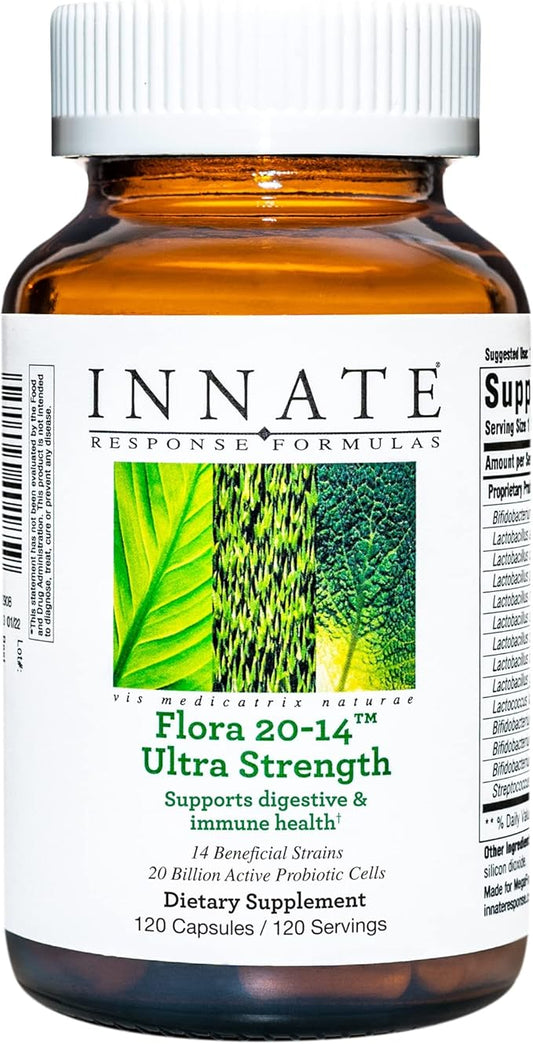 Innate Response Formulas Flora 20-14 Ultra Strength - Probiotic Supplement with 20 Billion CFU - 14 Probiotic Strains - Vegan and Non-GMO - Made Without 9 Food Allergens - 120 Caps