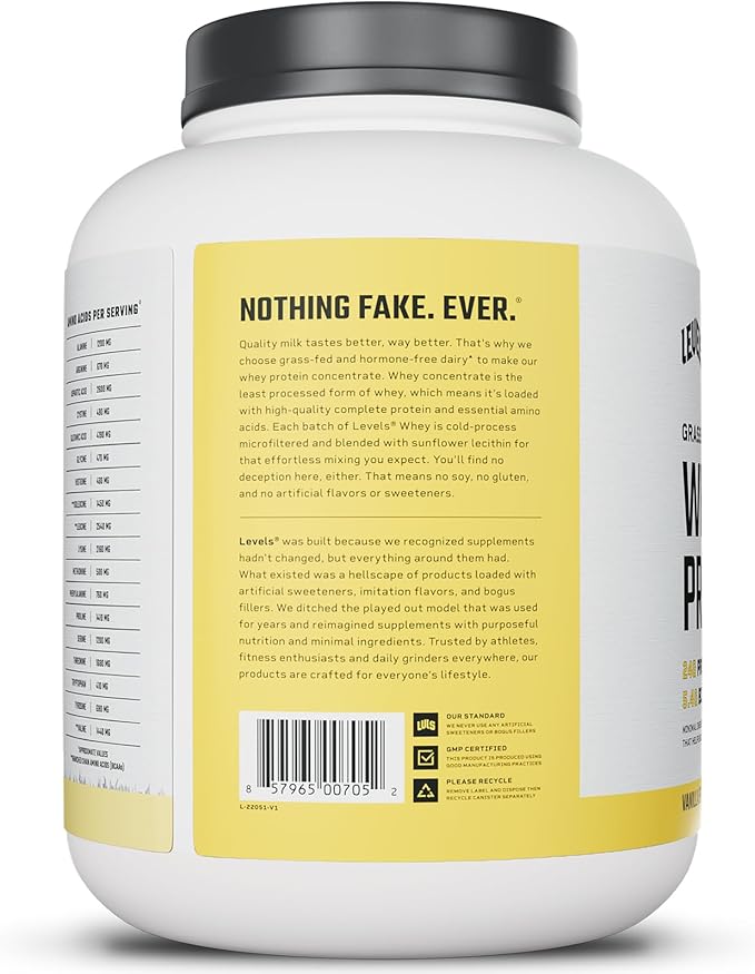 Levels Grass Fed Whey Protein Powder, No Artificials, 24G of Protein, Vanilla Bean, 5LB