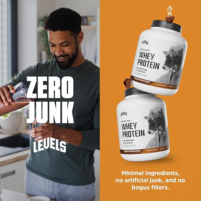 Levels Grass Fed Whey Protein Powder, No Artificials, 24G of Protein, Chocolate Peanut Butter, 5LB