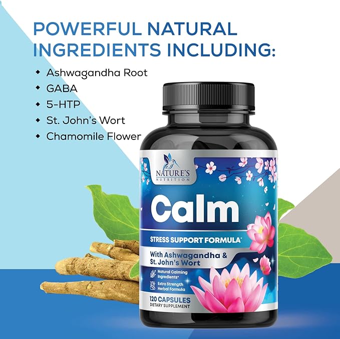 Natural Unwind, Calm, & Relax Support with Ashwagandha, GABA, Magnesium, 5-HTP, L-Theanine & B Vitamins, Natural Focus, Energy & Immune Support - Nature's Non-GMO, Vegan, Gluten Free - 120 Capsules