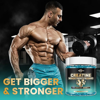 Creatine Monohydrate Gummies for Men & Women, 5000mg Chewables Creatine Supplement for Muscle Growth & Recovery, Promote Energy, Boost Strength, High Absorption, Blueberry Flavor Big Bear Gummies
