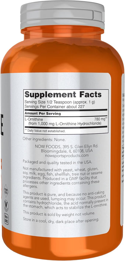 NOW Foods Sports Nutrition, L- Ornithine Powder, Protein Metabolism* and Urea Detox*, Amino Acids, 8-Ounce