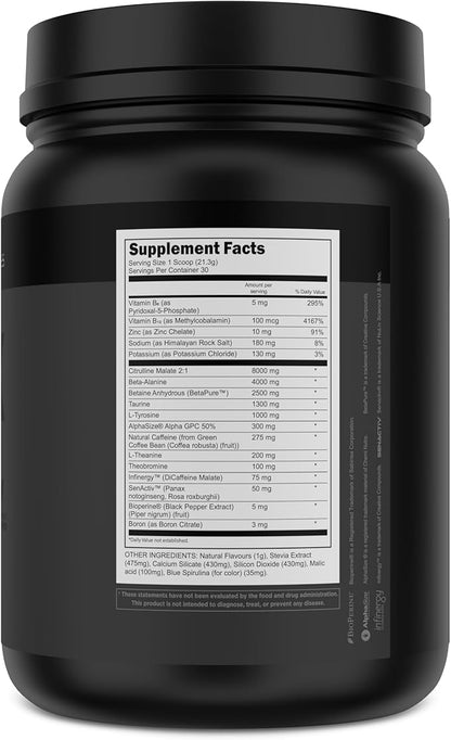Transparent Labs Bulk Black Pre Workout - Clinically Dosed, Naturally Sweetened Preworkout for Men and Women with Beta Alanine Powder, Citrulline Malate, & Caffeine Powder- 30 Servings, Blue Raspberry