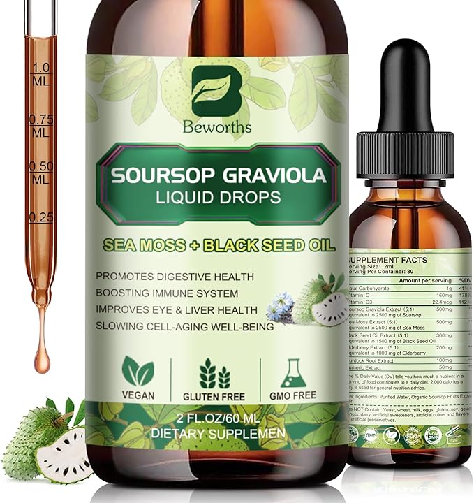 Soursop Bitters Liquid Drops, Soursop Graviola Multivitamin Drops with Sea Moss Black Seed oil Supplement - Soursop Fruit Supports Relax & Antioxidant, Slowing Cell-Aging, Immunity, Liver Health