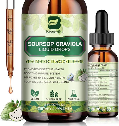 Soursop Bitters Liquid Drops, Soursop Graviola Multivitamin Drops with Sea Moss Black Seed oil Supplement - Soursop Fruit Supports Relax & Antioxidant, Slowing Cell-Aging, Immunity, Liver Health