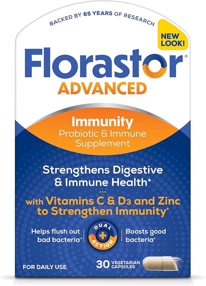 Florastor Select Immunity Boost Daily Probiotic & Immune Support Supplement for Women and Men, Saccharomyces Boulardii CNCM I-745 Plus Zinc, Vitamin C & D3 (30 Capsules)