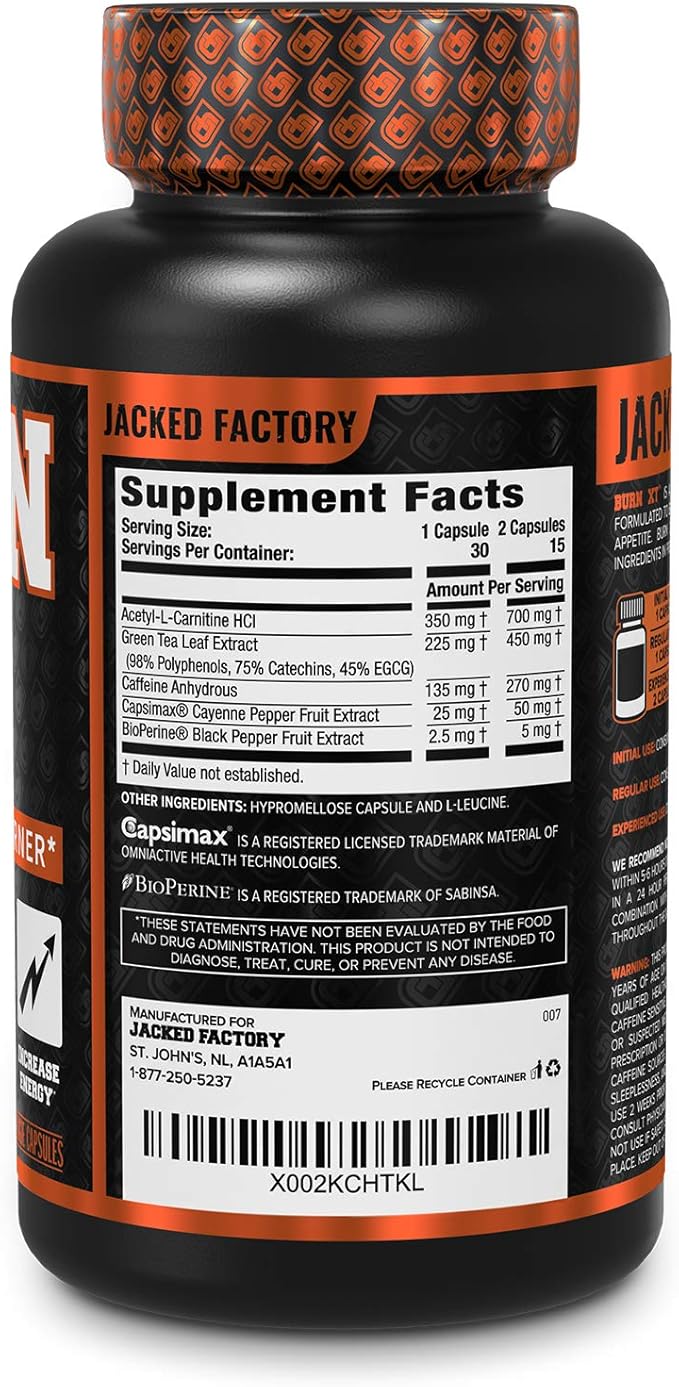 Jacked Factory Burn-XT for Men & Women - Improve Focus & Increase Energy - Premium Acetyl L-Carnitine, Green Tea Extract, Capsimax Cayenne Pepper, & More - 30 Natural Veggie Pills