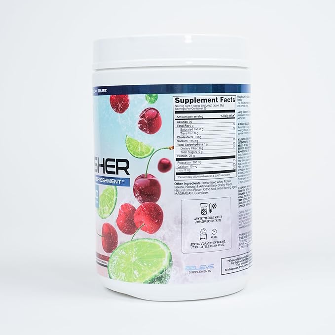 Protein Refresher (25 Servings) - Revolutionary Juice-Type Whey Protein Powder for Fitness, Bodybuilding, Gym, or for Bigger Protein Intake (25 Scoops, Cherry Lime)
