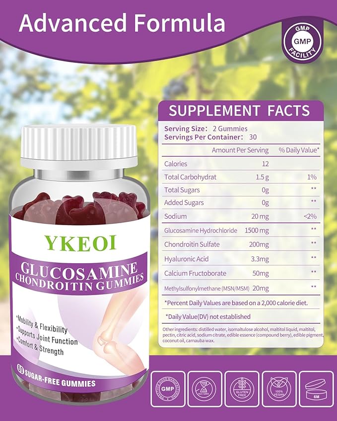 Sugar Free Glucosamine Chondroitin Gummies with MSM &Calcium,Joint Support Gummies for Men and Women,Cartilage & Immune Support Supplement,Mobility, Comfort, Flexibility Support- (1 Pack)