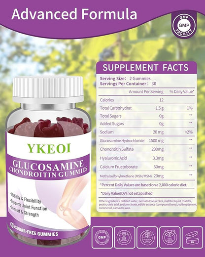 Sugar Free Glucosamine Chondroitin Gummies with MSM &Calcium,Joint Support Gummies for Men and Women,Cartilage & Immune Support Supplement,Mobility, Comfort, Flexibility Support- (1 Pack)