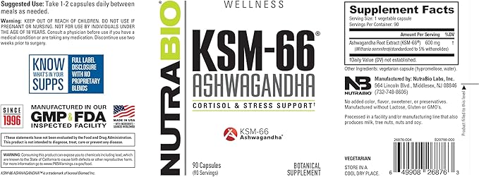 NutraBio Ashwagandha KSM-66 Herbal Supplement for Better Overall Well-Being- Ashwagandha Supplement- 600mg - 90 Vegetable Capsules