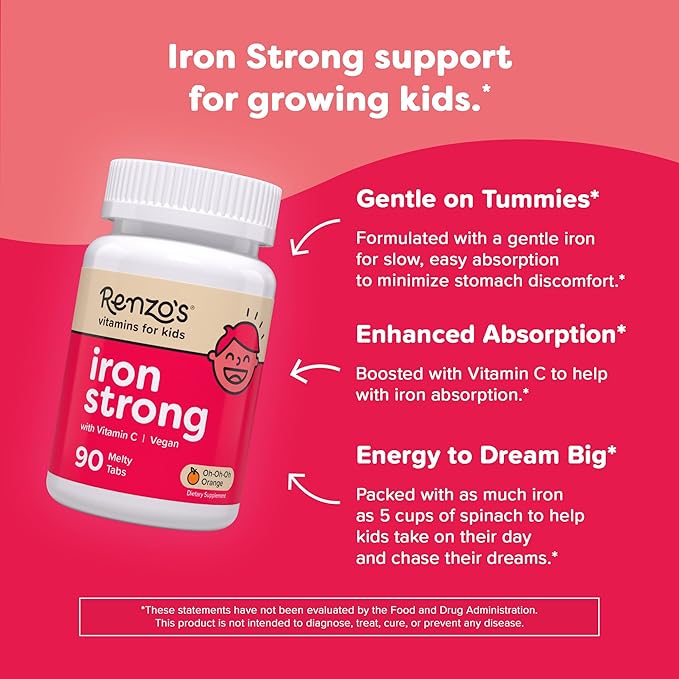 Renzo's Iron Supplements for Kids - Dissolvable Vegan Iron Supplement with Vitamin C - Sugar Free, Oh-Oh-Oh Orange Flavor, 90 Melty Tabs