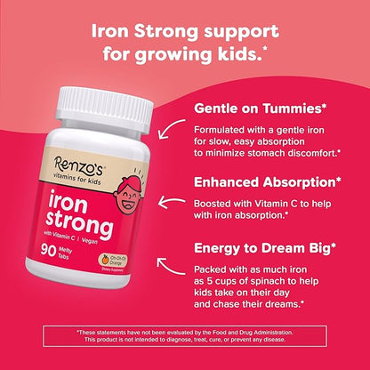Renzo's Iron Supplements for Kids - Dissolvable Vegan Iron Supplement with Vitamin C - Sugar Free, Oh-Oh-Oh Orange Flavor, 90 Melty Tabs