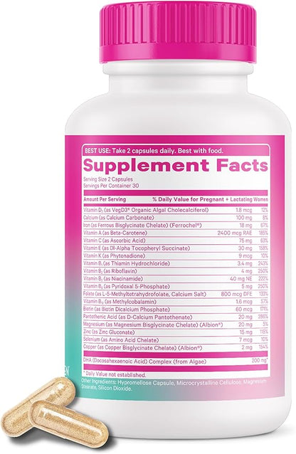 Pink Stork Total Postnatal Vitamins for Women with Vegan DHA, Iron, Folate, and Vitamin B12, Postpartum Recovery Essentials, Daily Supplement for Breastfeeding Moms - 1 Month Supply