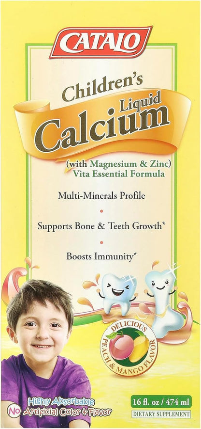 CATALO Children’s Liquid Calcium with Magnesium & Zinc, Peach and Mango Flavor, Multi-Minerals Profile Supports Bone & Teeth Growth, Boosts Immunity, High Absorbable, No Artificial Colors or Flavors