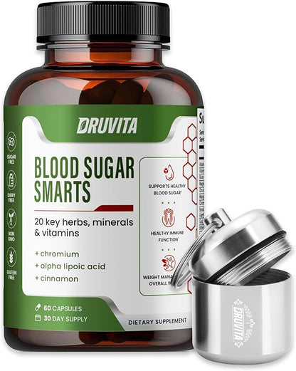 Blood Sugar Smarts Dietary Supplement 20 Key Herbs, Minerals & Vitamins with Chromium, ALA, Cinnamon & Bitter Melon for Men Women Non-GMO Natural (60 Capsules + 1 Portable Container)