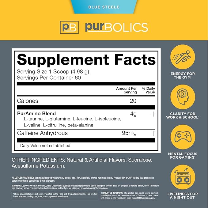 Aminos + Energy | Supports Recovery, Energy & Focus | 95mg of Caffeine, 0 Calories & 60 Servings (Blue Steele)